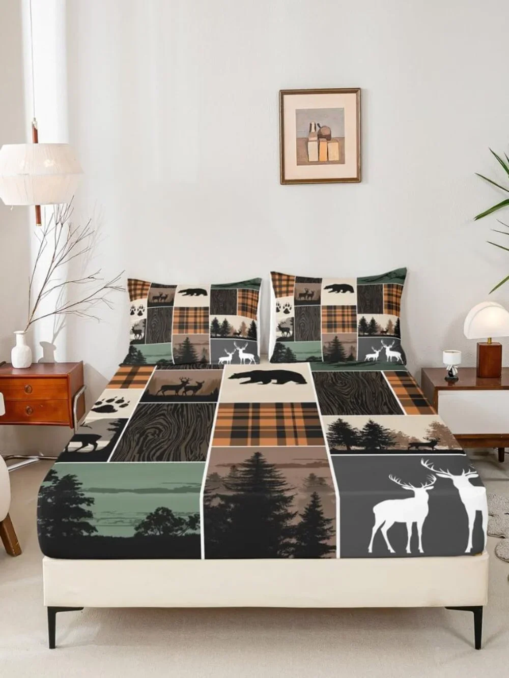 Rustic Cabin Fitted Sheet Twin Size, Hunting Bear Deer Bed Sheets For Kids Teens